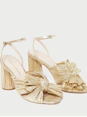 Loeffler Randall Metallic Gold Knot Bow Block-Heel Sandals